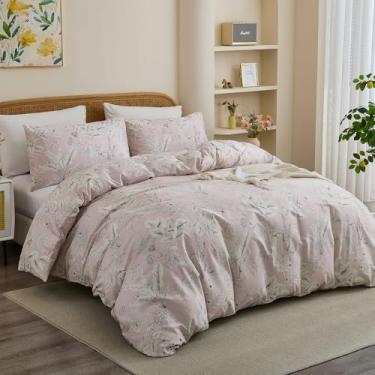 Imagem de Conjunto de capa de edredom Cozeline King Size 100% algodão natural rosa estampa floral conjunto de capa de edredom 3 peças macio e respirável com fecho de zíper e laços de canto