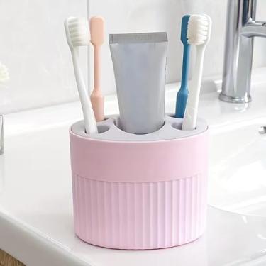 Imagem de Conjunto moderno de suporte de escova de dentes e pasta de dente de plástico com 4 compartimentos, organizador independente de escova de dentes para acessórios de banheiro, rosa