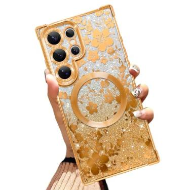 Imagem de Illians Capa magnética feita para Samsung Galaxy S24 Ultra 6,8 polegadas com glitter com design floral dourado flor de cerejeira cantos reforçados TPU macio com cantos reforçados à prova de choque