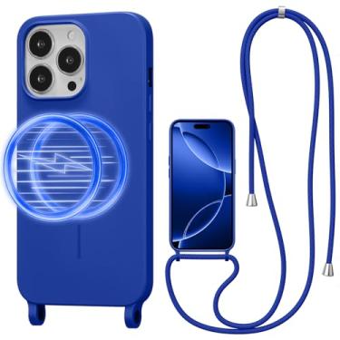 Imagem de UCASONG Capa transversal magnética para iPhone 16 Pro Max de 6,9 polegadas, capa de silicone líquido com alça ajustável no pescoço, [compatível com MagSafe] capa protetora à prova de choque para