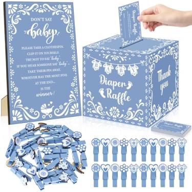 Imagem de Blue 102 peças de jogos de chá de bebê Cielito Lindo, 50 bilhetes de sorteio de fraldas com caixa de cartão de sorteio de fraldas, 50 mini prendedor de roupa e placa de bebê Don't Say para decorações