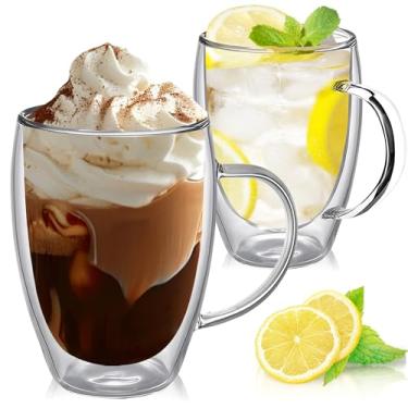 Imagem de TECOHORS Conjunto de 2 canecas de café de vidro de parede dupla com alça de camada isolada, xícaras de café de vidro borossilicato, expresso, isolamento duplo, caneca de café de vidro transparente