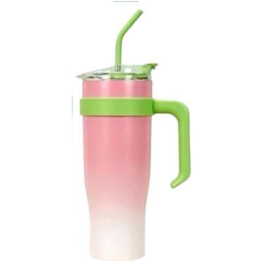 Imagem de Garrafa TéRmica Com Tampa De Palha – Garrafa De áGua De AçO InoxidáVel De Grande Capacidade, Adequada Para Academia, Trabalho E Uso DiáRio(Rosa c/Verde)