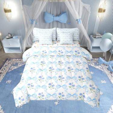 Imagem de Conjunto de cama solteiro com laço floral azul, 7 peças, linda princesa com laço e laço kawaii, inclui edredom, conjunto de lençol, fronhas e fronhas, decoração de quarto de fantasia