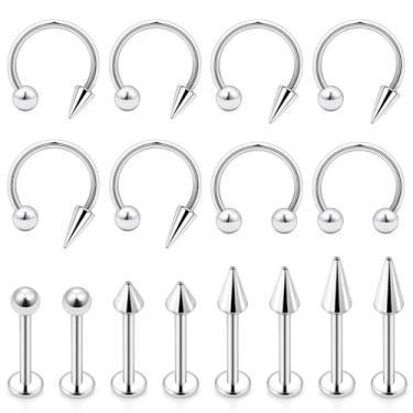 Imagem de Dyknasz Joias Snake Bite, 16 g, anéis labiais, aço cirúrgico, ferradura, labret, joia de piercing medusa, brincos de hélice de ponta longa para mulheres e homens, 16 peças, Metal, aço inoxidável
