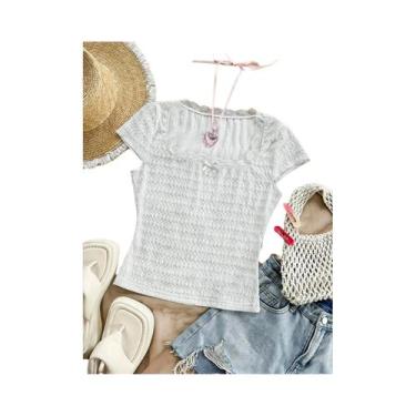 Imagem de Camiseta Feminina De Renda Com Decote Redondo, Slim, De Manga Curta, E