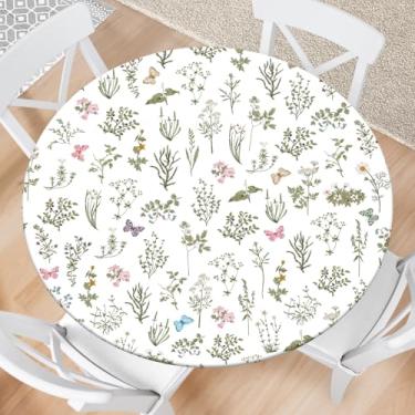 Imagem de Kamoor Toalha de mesa redonda de primavera com elástico verde sálvia flores silvestres toalha de mesa floral impermeável para decoração de piquenique e jantar serve para mesas redondas de 91 a 101 cm