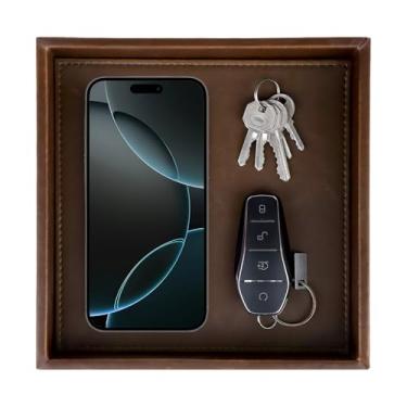 Imagem de HofferRuffer Bandeja de couro sintético, organizador de armazenamento de mesa elegante, organizador decorativo para perfume, manobrista de banheiro, mesa de cabeceira ou cômoda, 20 x 20 x 4,6 cm