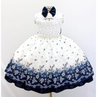 Imagem de Vestido Infantil Floral Azul Marinho Luxo E Tiara - Pingo De Gente Kid