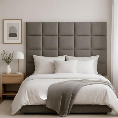 Imagem de Cabeceira Estofada Modular Autocolante 40x30cm Kit 10 Peças para Cama Box Casal Queen King(Chumbo,QUEEN SIMPLES - 8 MÓDULOS)