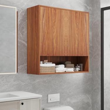 Imagem de Elehome Armário lateral de banheiro de 91 cm, estrutura de núcleo de madeira maciça com acabamento marrom nogueira, portas de fechamento suave, armazenamento de prateleira aberta, armário de parede