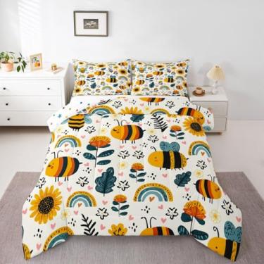 Imagem de Erosebridal Jogo de cama casal com desenho fofo de abelha, animais de abelha, para quarto de crianças, crianças, crianças, kawaii, arco-íris, amor, coração, floral, edredom para todas as estações