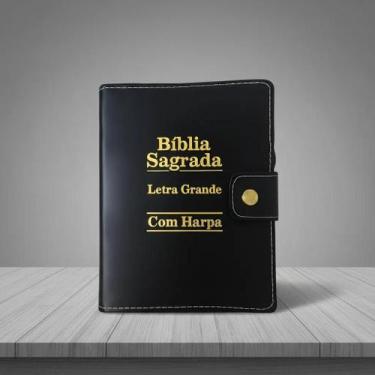 Imagem de Bíblia Letra Grande Sagrada Com Caneta Tecido Harpa Preta - Rei das Bí