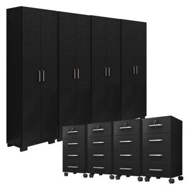 Imagem de Kit 4 Gaveteiros Para Escritório Gávea Com Chave E 4 Livreiros Office Portas Grandes Preto Fosco - Móveis Leão