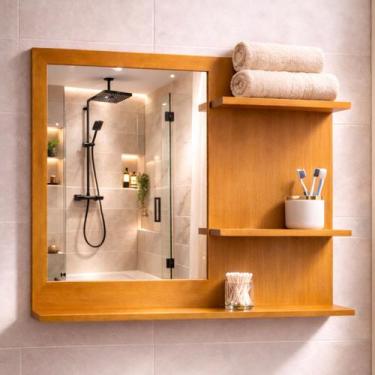 Imagem de Armário Com Espelho MDF Mel Laqueado Para Banheiro - Móveis C.