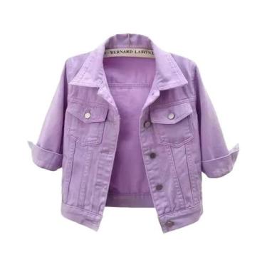 Imagem de Jaqueta Jeans Feminina Rosa Roxa Amarela Curta Casual Solta Primavera 