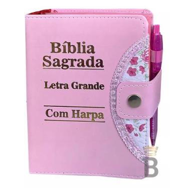 Imagem de Bíblia Sagrada Feminina Letra Grande Botão Rosa Com Harpa Re - Congrat