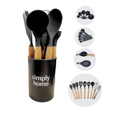 Imagem de Kit 15 Utensílios de Cozinha em Silicone e Madeira Brinquedo Infantil 