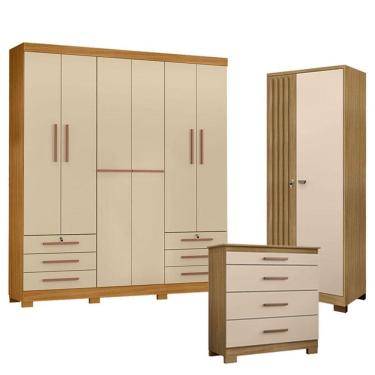 Imagem de Guarda Roupa Casal Londres com Cômoda 4 Gavetas New e Armário Multiuso Versatile Carval...