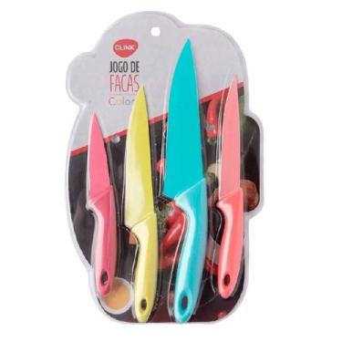 Imagem de Kit Facas Cozinha 4 Peças Inox Coloridas Conjunto Facas Corte Preciso 