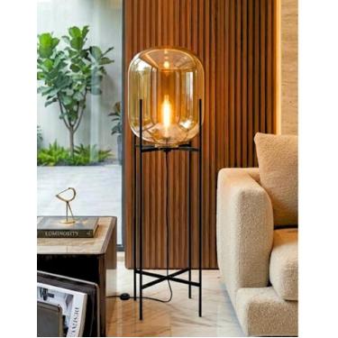 Imagem de Luminária de Chão Piso 140cm Globo Vidro Âmbar Coluna Pedestal Moderno