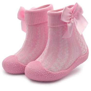 Imagem de Meia Bebê Menina Sola Antiderrapante Infantil Cano Alto Com Laço Rosa 