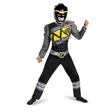 Imagem de Fantasia Black Power Rangers para crianças. Traje oficial licenciado Black Ranger Dino Charge clássico Muscle Power Ranger com máscara para meninos e meninas