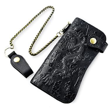 Imagem de Le'aokuu Carteira organizadora masculina de couro genuíno dobrável com corrente de ferro, 03 1088 O Dragão Preto, Medium, Carteira dobrável