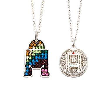 Imagem de Star Wars Jewelry Conjunto de colar feminino banhado a prata R2-D2 com pedra transparente e pingente de várias pedras (2 peças), multicolorido, tamanho único