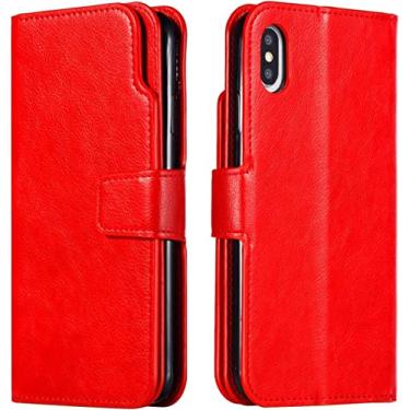 Imagem de KANUZ Capa para iPhone 13/13 Mini/13 Pro/13 Pro Max, capa de telefone de couro PU feita à mão com fecho magnético com suporte de cartão (cor: vermelho, tamanho: 13 Mini 5,4 polegadas)