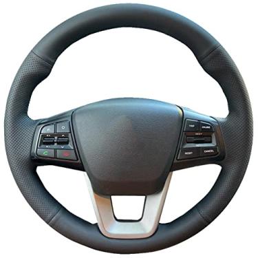 Imagem de Cobertura de direção de carro faça você mesmo Couro preto costurado à mão Cobertura de volante de carro, para Hyundai ix25 2014-2016