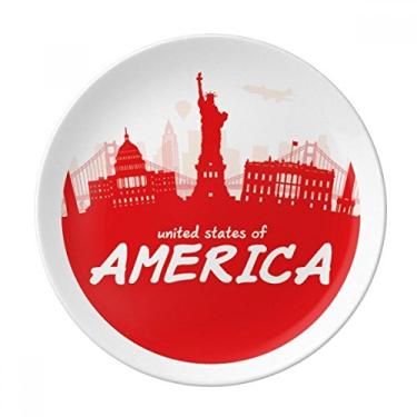 Imagem de Red Outline Landmark America USA Prato decorativo de porcelana Salver talheres, Prato de jantar