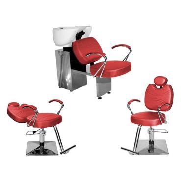 Imagem de Kit Salão Topázio 1 Cad Fixa + 1 Recl Base Quadrada + Lavatório Vermelho