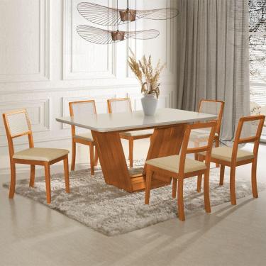 Imagem de Mesa Jantar Luxo Safira 160x90 Off White com 6 Cadeiras Palha em Linho Bege Telinha Madeira Maciça M