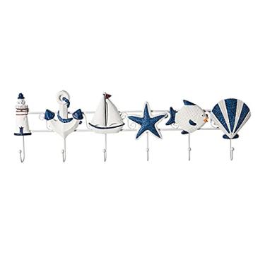 Imagem de Cabide montado na parede estilo mediterrâneo decoração de madeira gancho concha estrela do mar decoração náutica pingente marinho de madeira sinal de praia marca placas cabideiro chapéu rack com ganchos (cor: latão)