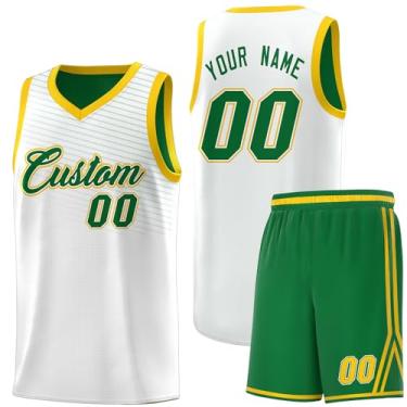Imagem de Camiseta personalizada de basquete Jersey uniforme atlético hip hop impressão personalizada número de nome para homens jovens, Branco, verde e amarelo-73, One Size