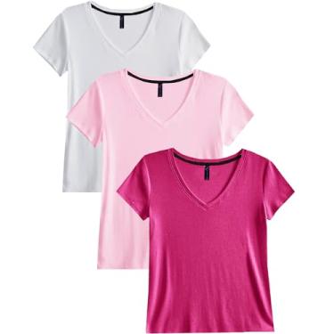 Imagem de Kit 3 Blusas Blusinhas Feminina Slim Babylook Algodão Gola V (GG, 1 Rosa - 1 Pink - 1 Branco)