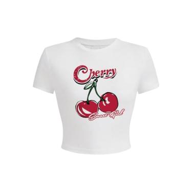 Imagem de Floerns Camiseta feminina casual com estampa de cereja e gola redonda e manga curta, Branco, PP