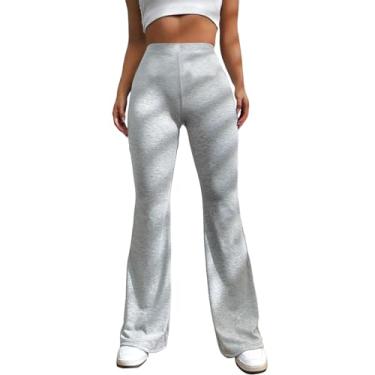 Imagem de Calça feminina flare plus size cintura alta bootcut calças jeans de algodão para ioga calças soltas, Cinza, P