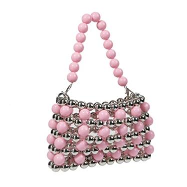 Imagem de Abvokury YUSHINY Bolsa de mão pequena com contas acrílicas coloridas WOC para noite com corrente removível, rosa, X-Small