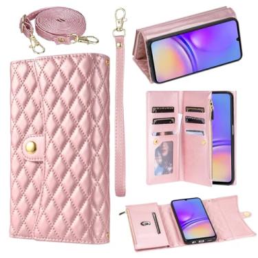 Imagem de Asuwish Capa de telefone para Samsung Galaxy A05 capa carteira com alça de pulso de couro flip zíper suporte para cartão de crédito suporte celular Ao5 A 05 mulheres homens ouro rosa