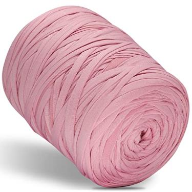Imagem de 400 g fio de camiseta tecido elástico fio de crochê para tricô DIY, 127 metros fio de espaguete grosso fio de tricô para mão bolsa DIY almofada projetos de crochê, decoração de casa (rosa camarão)