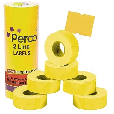 Imagem de Perco Etiquetas amarelas de 2 linhas – 1 manga, 6.000 etiquetas de preço em branco para Perco 2 linhas de preço e armas de data