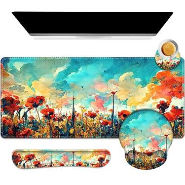 Imagem de ARTSO Tapete de mesa, conjunto de suporte de pulso grande para jogos, teclado ergonômico para descanso de pulso com combinação de copos, mouse estendido com antiderrapante para escritório em casa, pintura a óleo flores e plantas