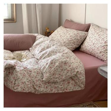 Imagem de Jogo de cama de 4 peças 100% algodão pequeno rosa estampa floral luxuosa capa de edredom capa de edredom conjunto de cama (uma cor 150 x 200 cm 3 peças)