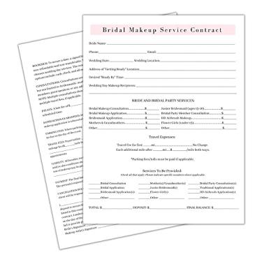 Imagem de Contrato de serviço de maquiagem para noivas | Pacote com 100 | Formulários A1 de 21,6 x 28 cm | Suprimentos para maquiadores | Contrato de noiva | Formas brancas e rosa