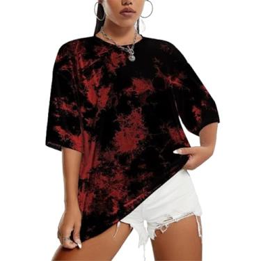 Imagem de SOFIA'S CHOICE Camisetas femininas grandes tie dye gola redonda manga curta camiseta casual verão camisetas tops, Preto, vermelho, P
