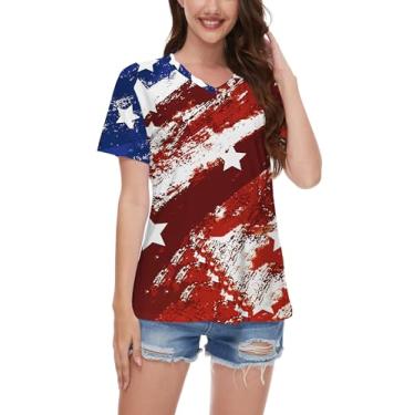 Imagem de TMSD Camiseta feminina 4th of July EUA Flag Memorial Day gola V Dia da Independência, Estrela vermelha listrada, P
