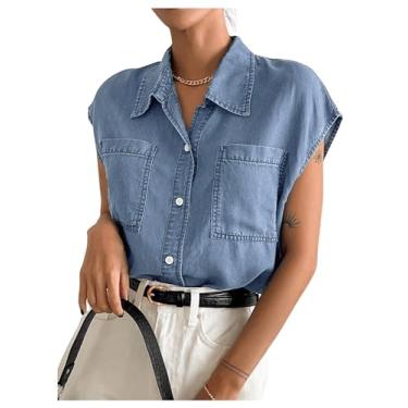 Imagem de Verdusa Blusa jeans feminina com bolso frontal e manga cavada, Lavagem leve, M