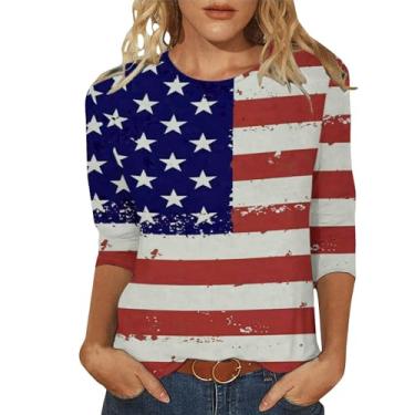 Imagem de Camiseta feminina com bandeira dos EUA 4 de julho presente do Memorial Day camiseta casual manga 3/4 American Proud Tops, Z03 - azul, XXG